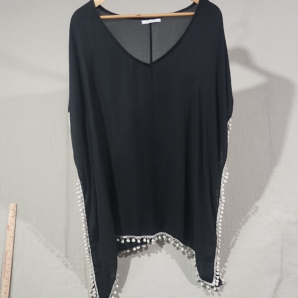 Adreamily Black Semi Sheer Poncho / Bathing‎ Suit Cover W/ White Pom Pom Trim OS
